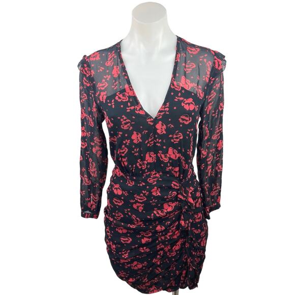 AllSaints Harlow Eira Red Floral Ruched V-Neck Long Sleeve Sheer Mini Dress XS - Picture 8 of 11